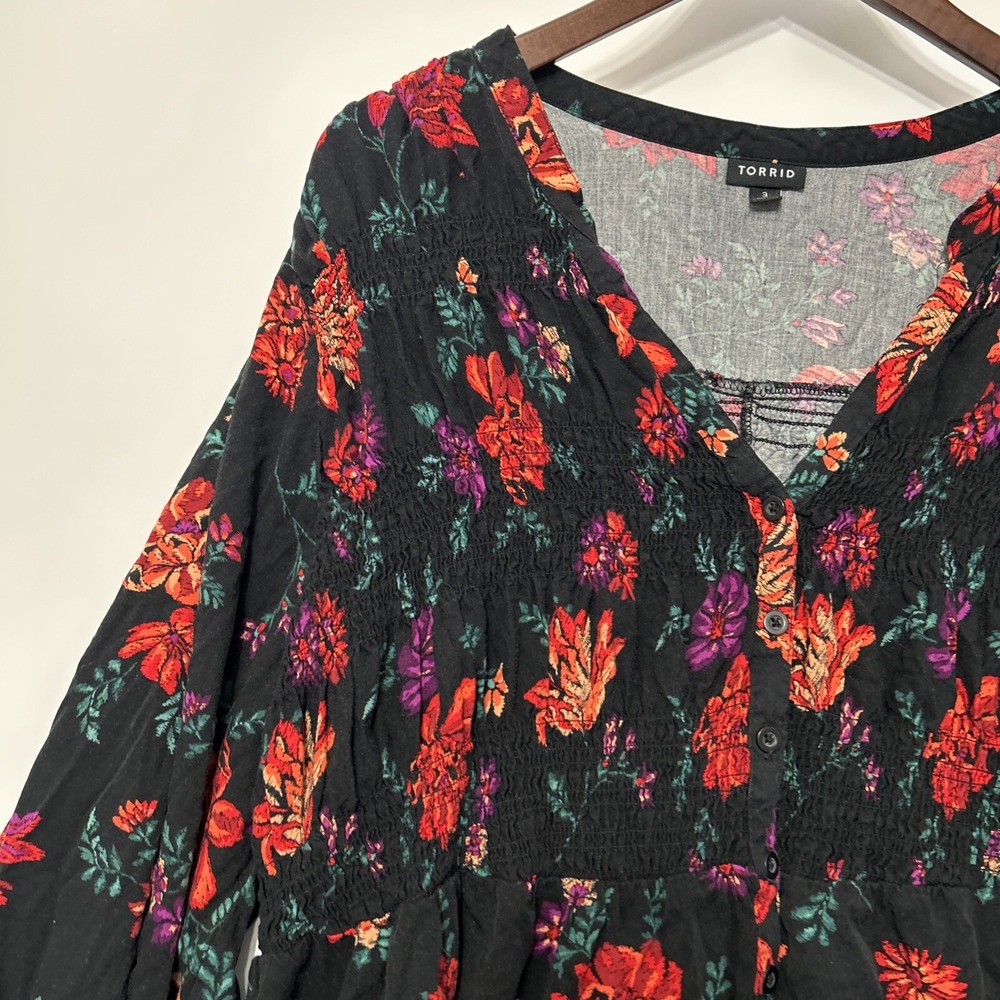 Torrid Womens Smocked Babydoll Top Size 3X Button Long Puff Sleeve Floral Print - Picture 7 of 16
